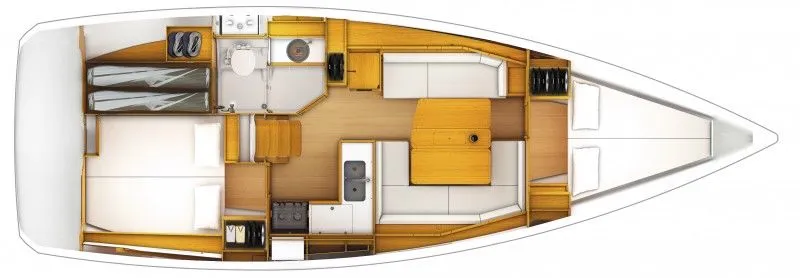 Slide: The Image of Interior layout of 2013 Jeanneau 379 sailboat, featuring cabins, galley, and seating area. - 30
