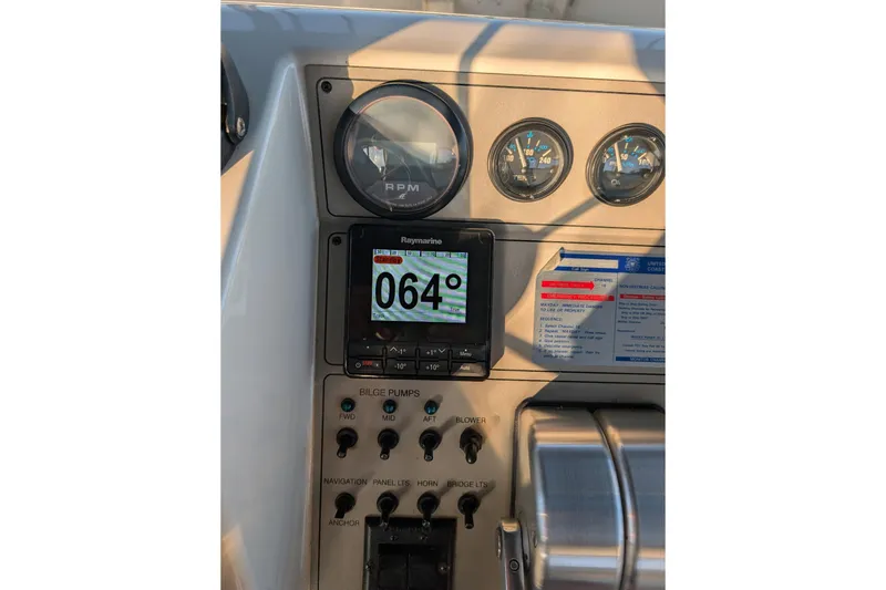 Slide: The Image of View from 1998 Carver 445 Aft Cabin Motor Yacht overlooking marina and docked boats. - 36