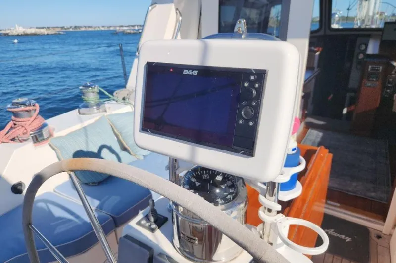 Slide: The Image of Bruckmann 50 MKII yacht cockpit with navigation equipment, 2008 model, overlooking the sea. - 18
