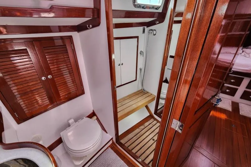 Slide: The Image of Luxurious 2008 Bruckmann 50 MKII yacht bathroom with wooden finishes and modern amenities. - 26