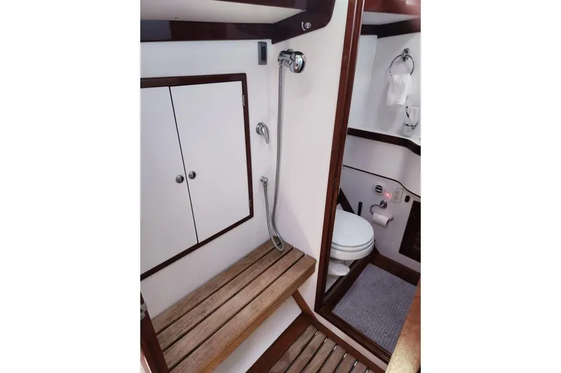 Slide: The Image of Bathroom interior of 2008 Bruckmann 50 MKII yacht with wooden accents and shower. - 28
