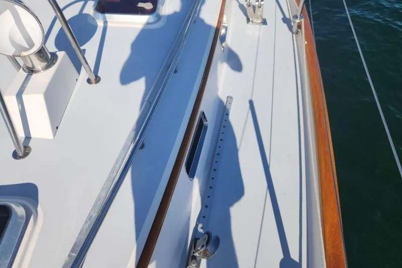 Slide: The Image of Deck view of 2008 Bruckmann 50 MKII yacht with polished wood and metal details. - 8