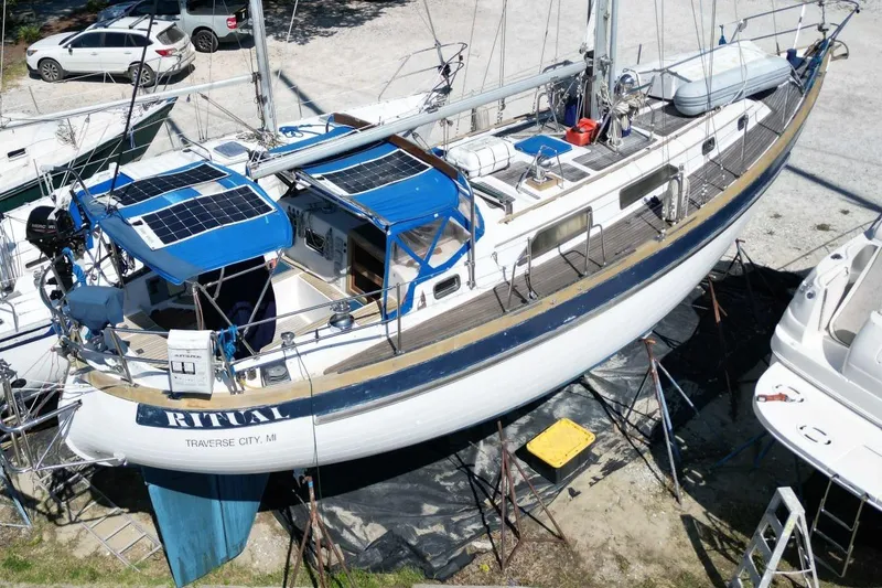 The Image of 1987 Slocum 43 sailboat with solar panels, docked in Traverse City, MI. - 0