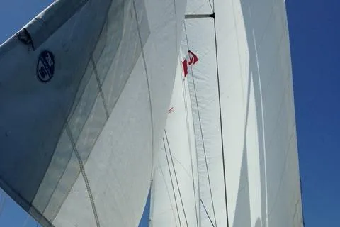 Slide: The Image of Sailing yacht Slocum 43 (1987) with white sails against a clear blue sky. - 18