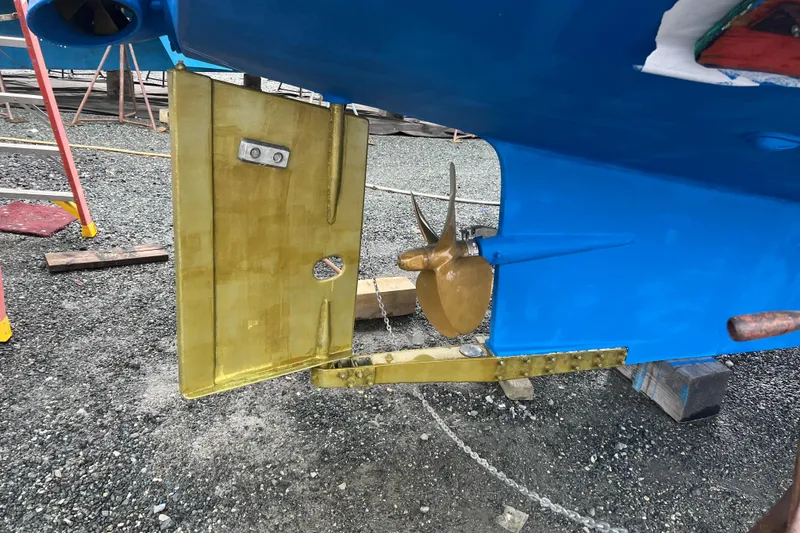Slide: The Image of Kadey-Krogen 44AE 2021 boat rudder and propeller detail in dry dock. - 61