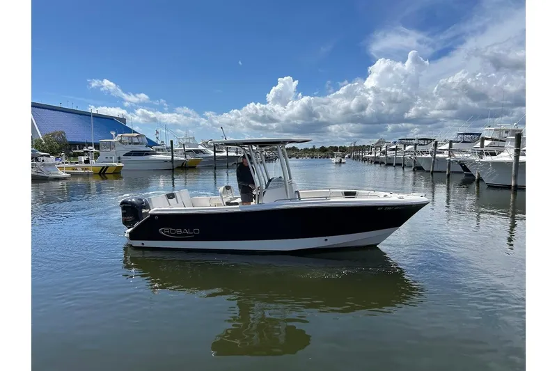 The Image of 2020 Robalo R230 Center Console boat docked in a marina under a cloudy sky. - 0
