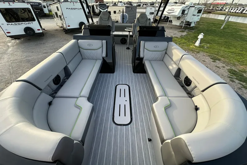 Slide: The Image of 2024 Veranda VX 25 DCVL pontoon boat interior with luxurious seating and modern design. - 10