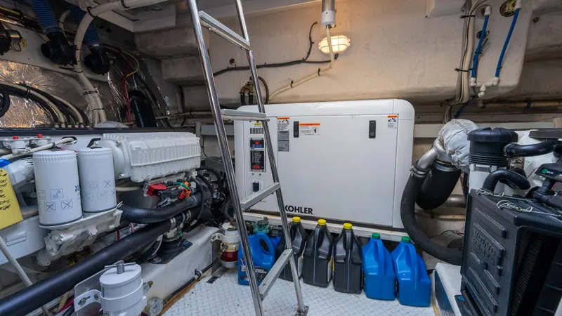 Slide: The Image of Engine room of 2013 Cruisers Yachts 48 Cantius with generator and maintenance supplies. - 45