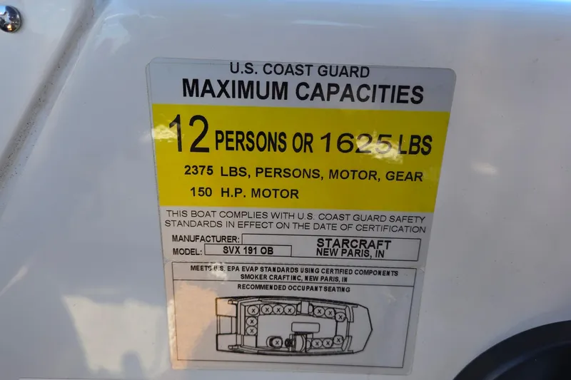 Slide: The Image of Capacity label for 2021 Starcraft SVX 191 OB, 12 persons or 1625 lbs, 150 HP motor. - 50