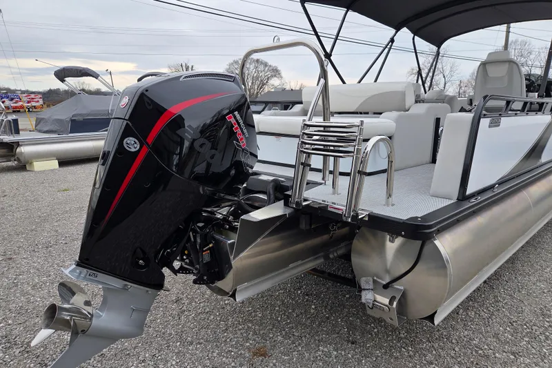 Slide: The Image of 2026 Avalon Platinum LSZ 2385 Entertainer pontoon boat with powerful outboard motor. - 3