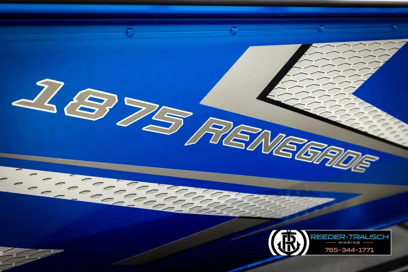 Slide: The Image of Blue 2026 Lund 1875 Renegade boat with bold graphics and Reeder-Trausch Marine logo. - 49