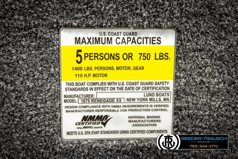 Slide: The Image of 2026 Lund 1875 Renegade boat capacity label, 5 persons or 750 lbs, 115 HP motor. - 52
