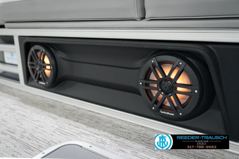 Slide: The Image of 2026 Bennington 22 MSB boat speakers with illuminated Rockford Fosgate audio system. - 46