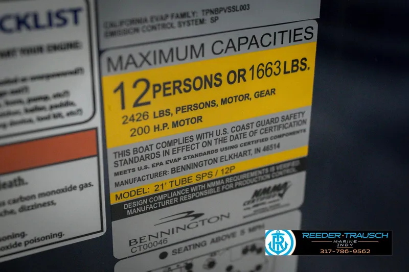 Slide: The Image of Bennington 22 MSB 2026 boat capacity label, 12 persons or 1663 lbs, 200 HP motor. - 56