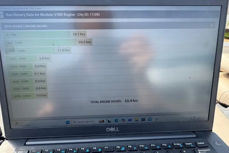 Slide: The Image of Laptop displaying engine run history data for 2018 Sun Tracker SportFish 22 XP3. - 48