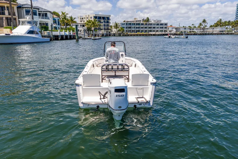Slide: The Image of 2026 Sea Born LX21 Center Console boat cruising in a scenic waterfront area. - 21