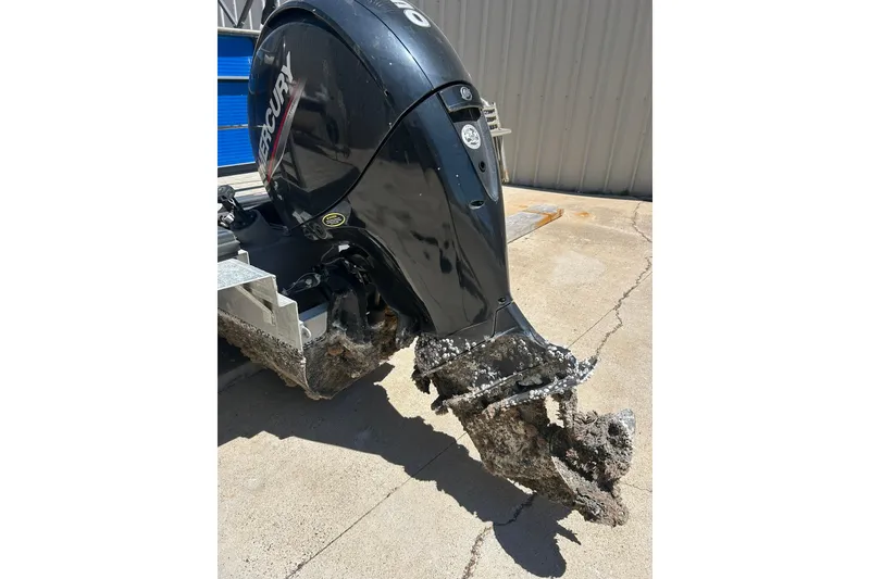 Slide: The Image of 2020 Cypress Cay Seabreeze 232 outboard motor with barnacle growth. - 2