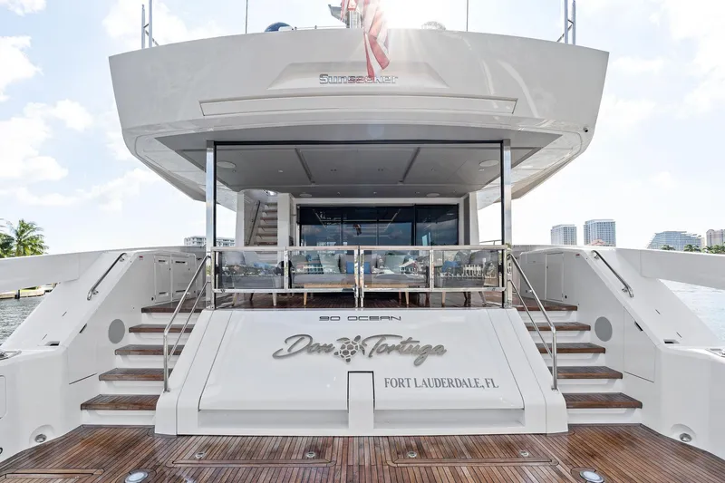Slide: The Image of 2024 Sunseeker 90 Ocean yacht docked in Fort Lauderdale, rear view. - 27