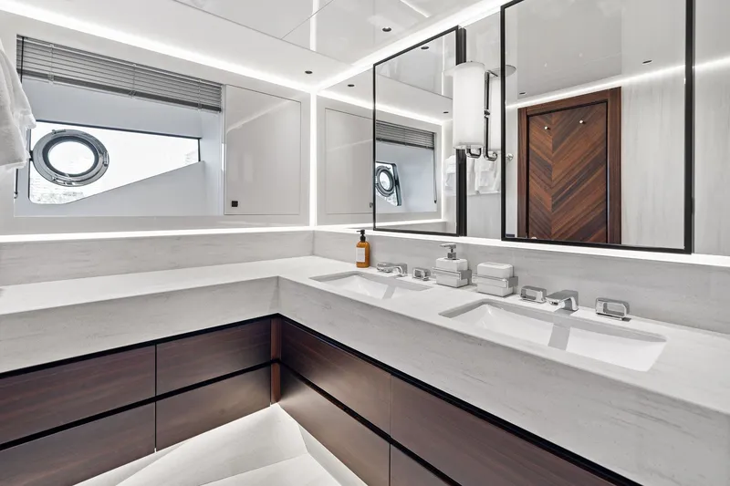 Slide: The Image of Luxurious bathroom in 2024 Sunseeker 90 Ocean yacht with modern fixtures and elegant design. - 58