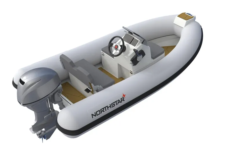 Slide: The Image of 2026 Northstar Vega 3.5 inflatable boat with outboard motor and steering console. - 3