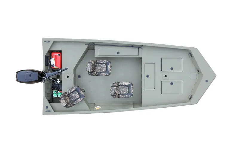 Slide: The Image of Manufacturer Provided Image: 2024 Lund 1660 Predator Tiller boat, top view, featuring camo seats and storage compartments. - 17