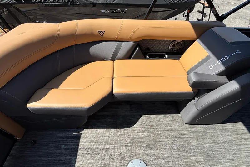 Slide: The Image of Luxurious seating in 2026 Viaggio Z24U boat, featuring tan and gray upholstery. - 10
