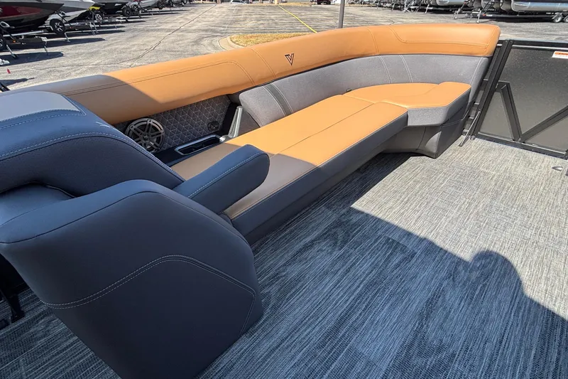Slide: The Image of Luxurious seating on 2026 Viaggio Z24U boat with tan and gray upholstery. - 23