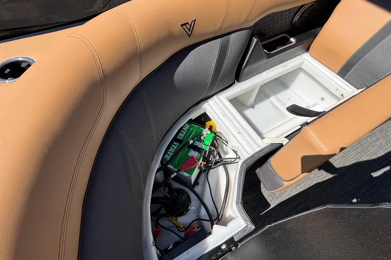 Slide: The Image of Interior of 2026 Viaggio Z24U boat showing storage compartment and battery setup. - 37
