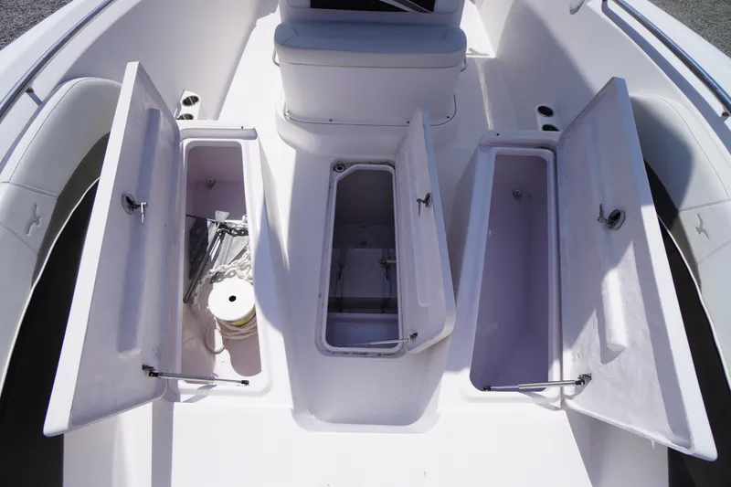 Slide: The Image of 2016 Pro-Line 29 Grand Sport boat interior with open storage compartments. - 13