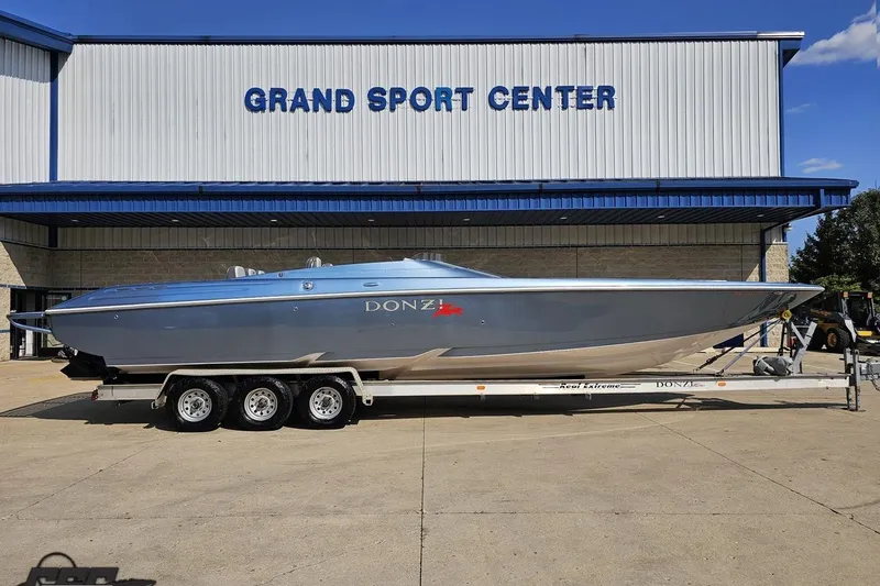 Slide: The Image of 2007 Donzi 35 ZR speedboat on trailer at Grand Sport Center. - 1