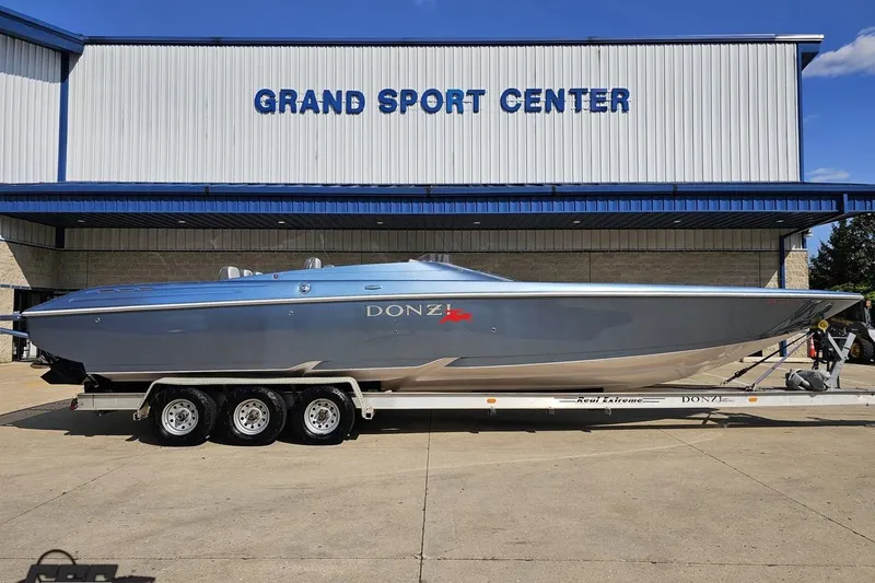 Slide: The Image of 2007 Donzi 35 ZR speedboat on trailer at Grand Sport Center. - 2