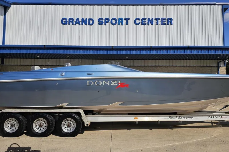 Slide: The Image of 2007 Donzi 35 ZR boat on trailer at Grand Sport Center. - 3