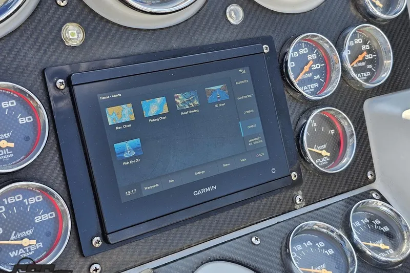 Slide: The Image of Dashboard of a 2007 Donzi 35 ZR with Garmin navigation system and Livorsi gauges. - 72