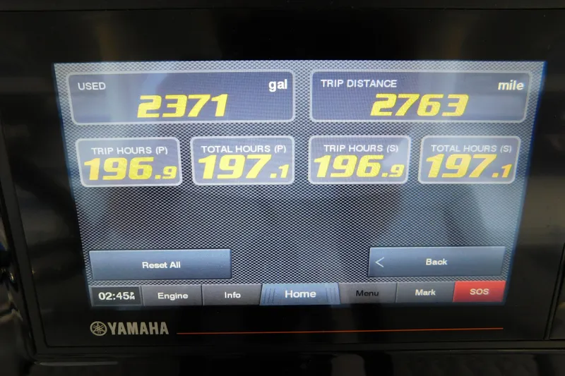 Slide: The Image of Display screen showing fuel usage, trip distance, and engine hours for 2022 Pursuit S 328 Sport. - 31
