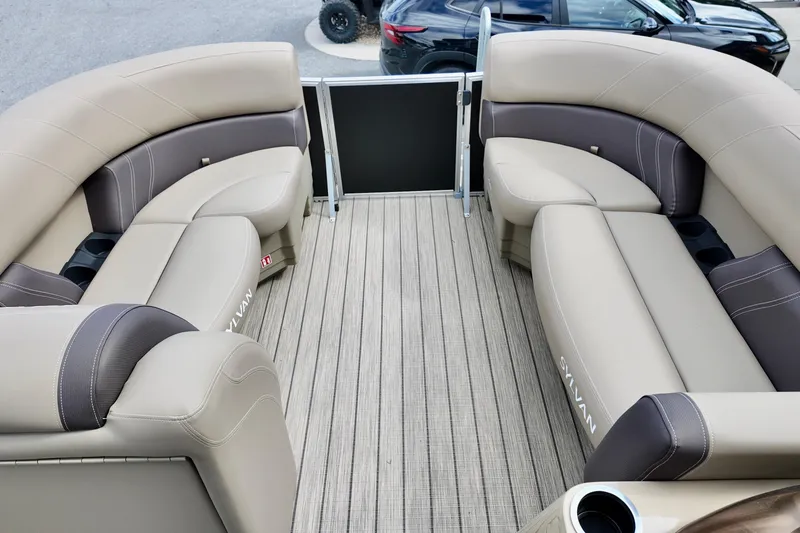 Slide: The Image of 2026 Sylvan Mirage 822 LZ pontoon boat with spacious seating and modern design. - 11