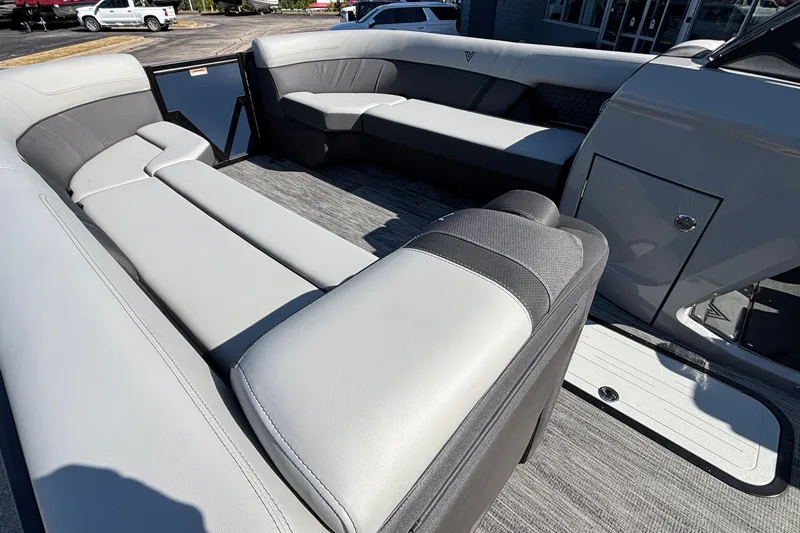 Slide: The Image of Luxurious seating on 2026 Viaggio Z24U boat, featuring sleek gray upholstery. - 15