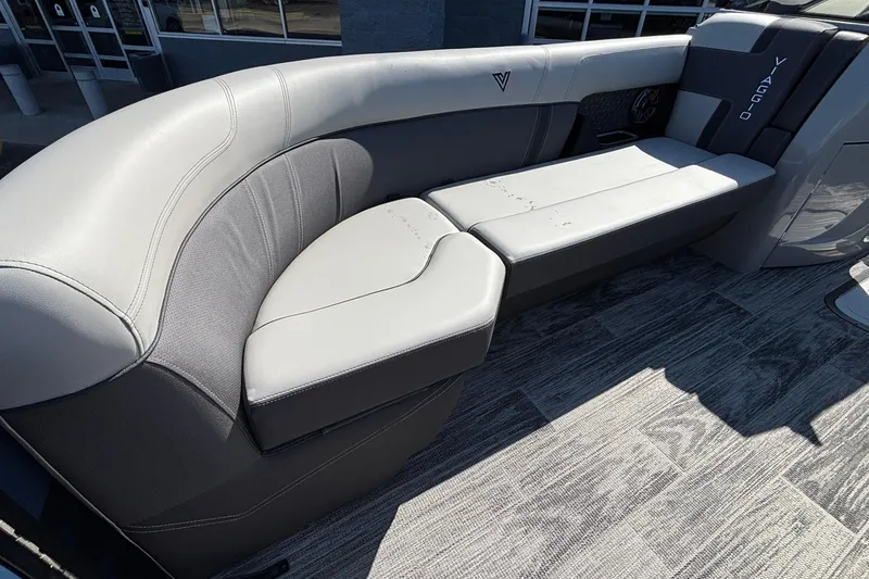 Slide: The Image of Luxurious seating in 2026 Viaggio Z24U boat, featuring sleek gray upholstery and modern design. - 23