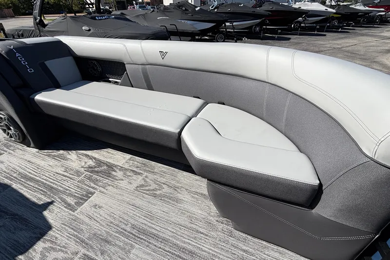 Slide: The Image of Luxurious seating on a 2026 Viaggio Z24U boat, featuring sleek gray upholstery. - 24