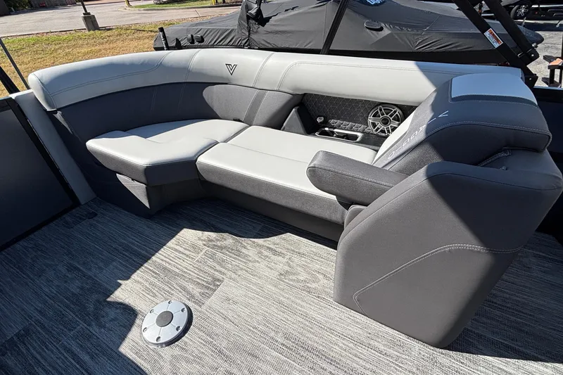 Slide: The Image of Luxurious seating in 2026 Viaggio Z24U boat, featuring sleek gray upholstery and modern design. - 28
