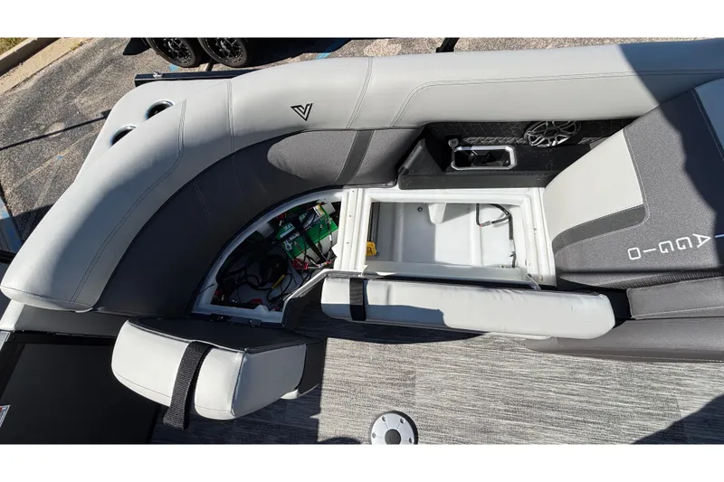 Slide: The Image of Viaggio Z24U 2026 boat interior with open storage compartment and seating area. - 29