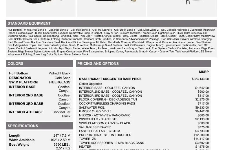 Slide: The Image of 2026 MasterCraft XT24 boat specifications and pricing details, featuring standard equipment and color options. - 16