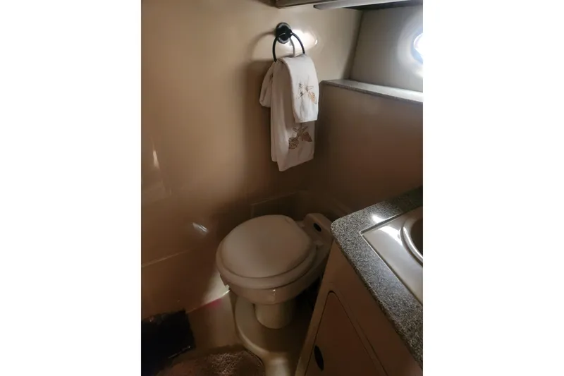 Slide: The Image of 2002 Cruisers Yachts 3870 Express bathroom with toilet and towel rack. - 16