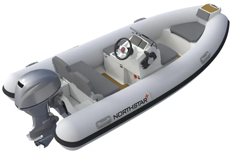 Slide: The Image of 2026 Northstar Vega 3.8 inflatable boat with outboard motor and seating. - 9
