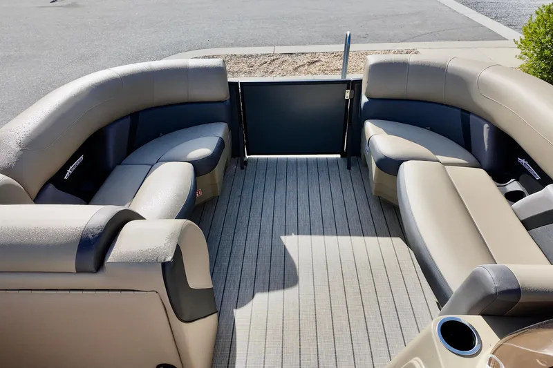 Slide: The Image of 2026 Sylvan Mirage X3 CLZ pontoon boat interior with spacious seating and modern design. - 11