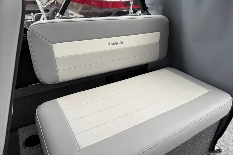 Slide: The Image of 2026 Thunder Jet 185 Luxor boat interior with gray and white seating. - 9