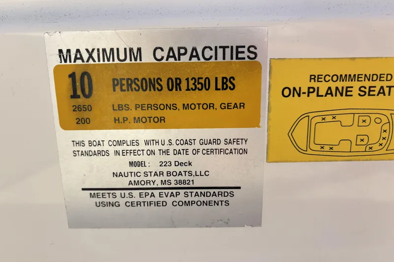 Slide: The Image of 2015 NauticStar 223 DC capacity label: 10 persons or 1350 lbs, 200 HP motor. - 36