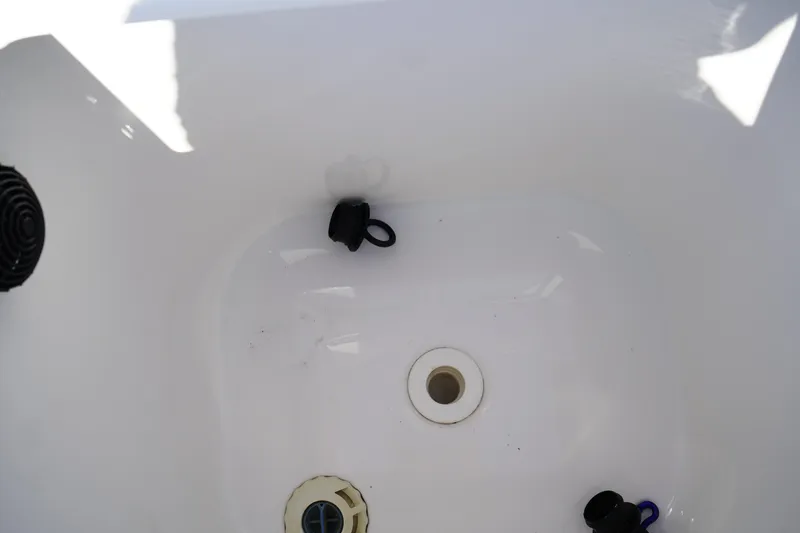 Slide: The Image of Interior view of a 2014 Edgewater 245CC boat compartment with drain plug. - 12