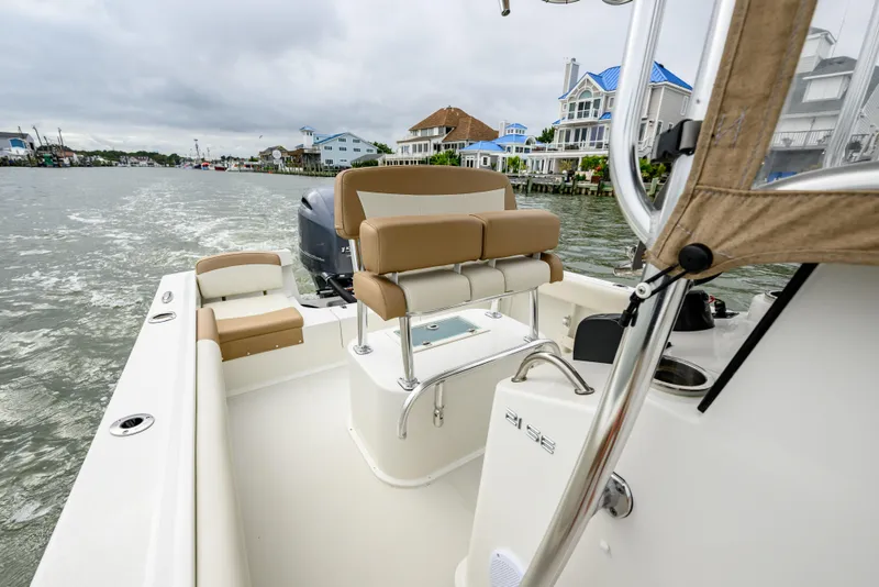 Slide: The Image of Coastal view from a 2018 Parker 21 Special Edition boat, featuring beige seating. - 10