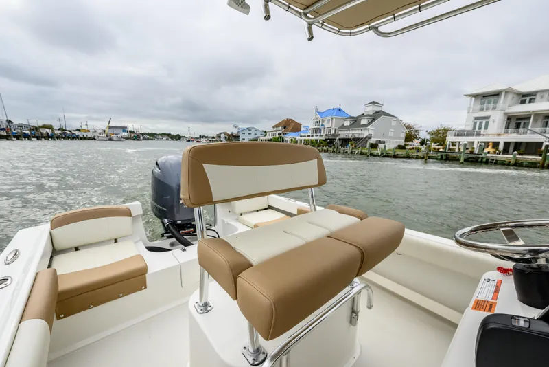 Slide: The Image of Parker 21 Special Edition boat interior, 2018 model, with beige seating and waterfront view. - 8