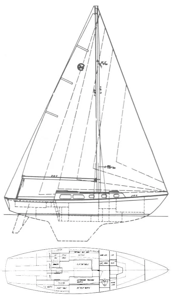 Slide: The Image of Blueprint of 1967 Jensen Cal 36 sailboat, side and top views, detailed design layout. - 36